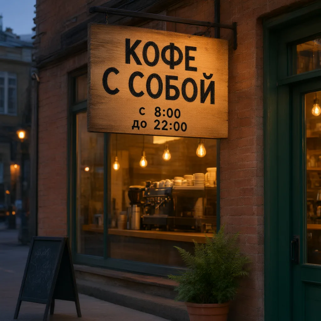 Вывеска кофейни, сделанная Qwen Image: крупно «КОФЕ С СОБОЙ», ниже «с 8:00 до 22:00»